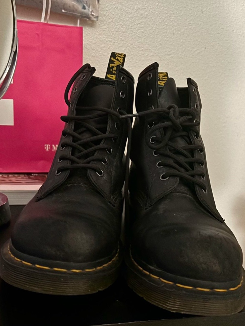 Dr. Martens Black Leather Boots with Yellow Stitching